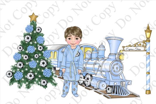 DTF Fabric - Boy Pastel Blue Football Train Dolly