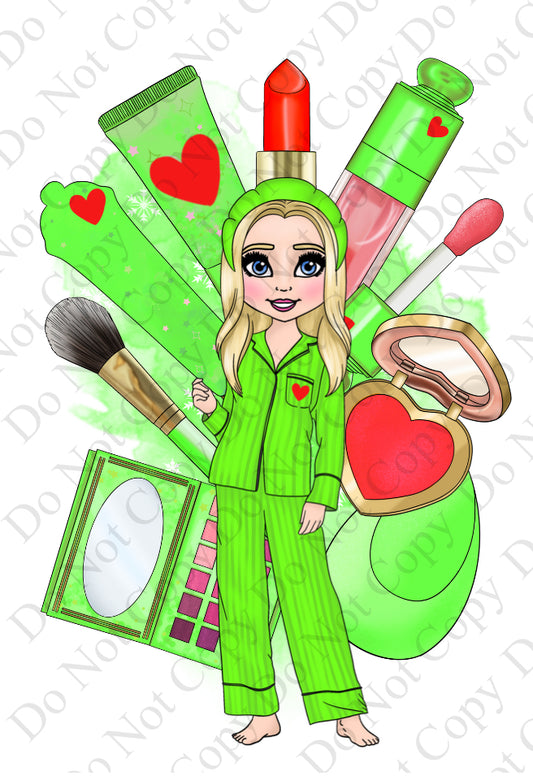 DTF Fabric - Green Makeup Dolly with Makeup Background