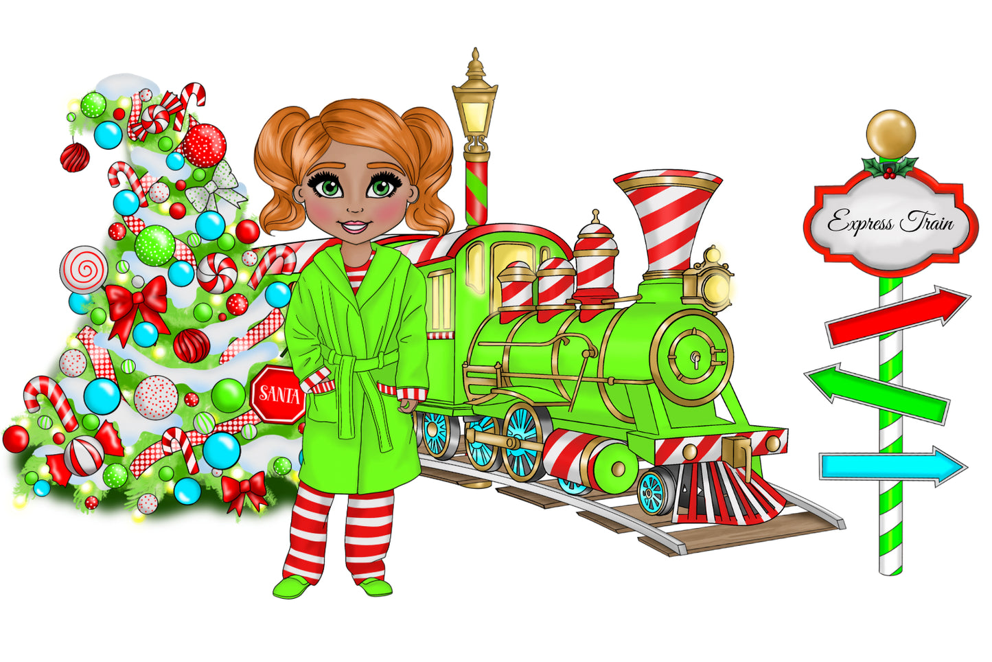 DTF Fabric - Girl Green and Red Stripe Train Dolly