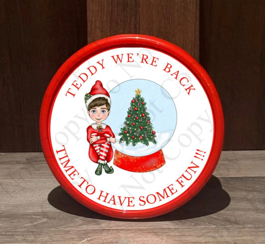 Chocolate Tub Sticker - Red Elf with Snow Globe