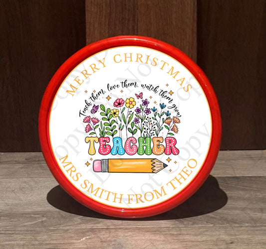 Chocolate Tub Sticker - Teacher Flowers Yellow Writing