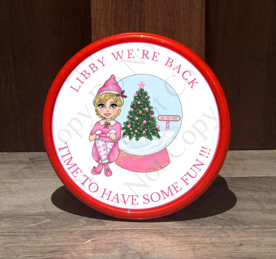 Chocolate Tub Sticker - Pink Elf with Snow Globe