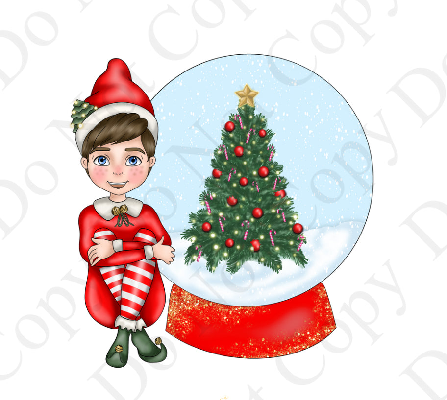 DTF Fabric - Red Elf with Snow Globe