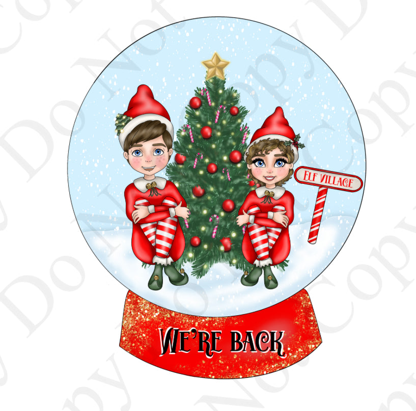 DTF Fabric - Red Elves in Snow Globe