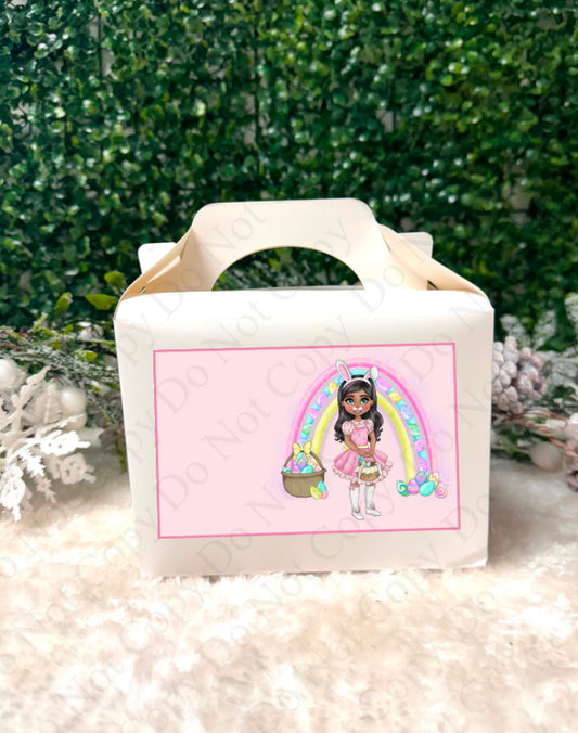 Treat Box Sticker - Girl Easter Bunny Dolly with Rainbow background