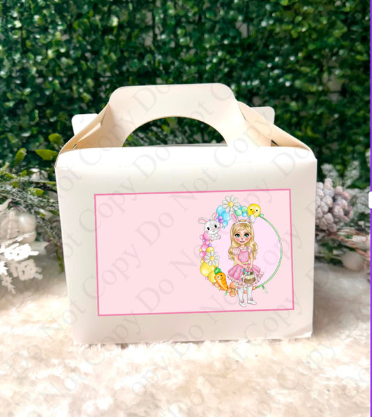 Treat Box Sticker - Girl Easter Bunny Dolly with round background