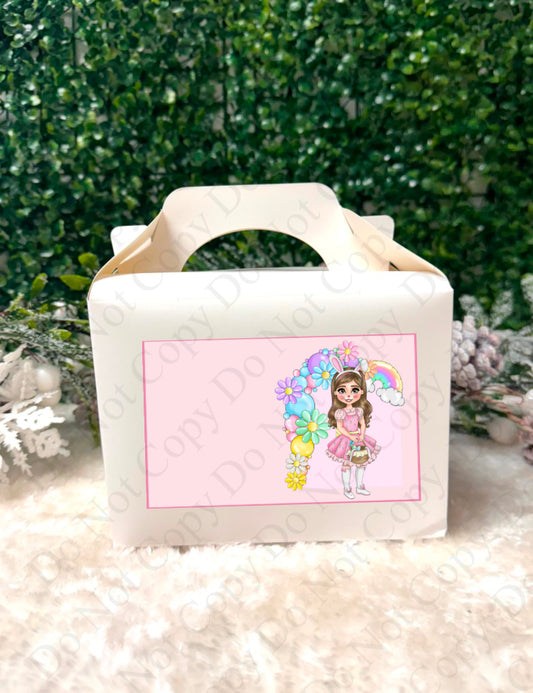 Treat Box Sticker - Girl Easter Bunny Dolly with Tall background (rainbow balloons)