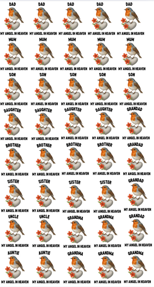 OFFER Robins -  My Angel In Heaven - Sheet of 40 x  6cm decals