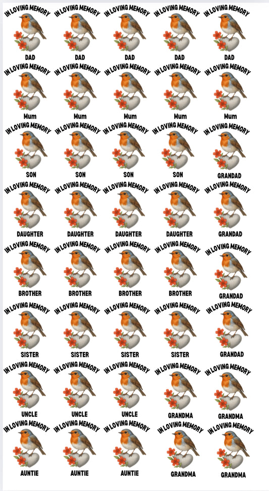 OFFER Robins -  In Loving Memory - Sheet of 40 x  6cm decals