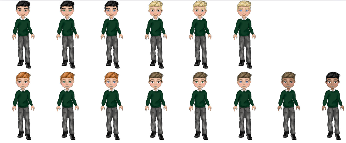 UV - Boy School Uniform - Dark Green Jumper, White Polo and Grey Trousers.