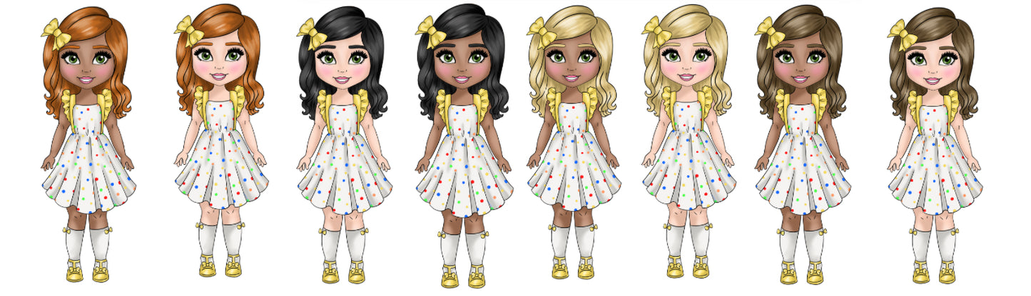 UV Green Eye Dotty Girl Dolly (multiple Skin & Hair Colour)