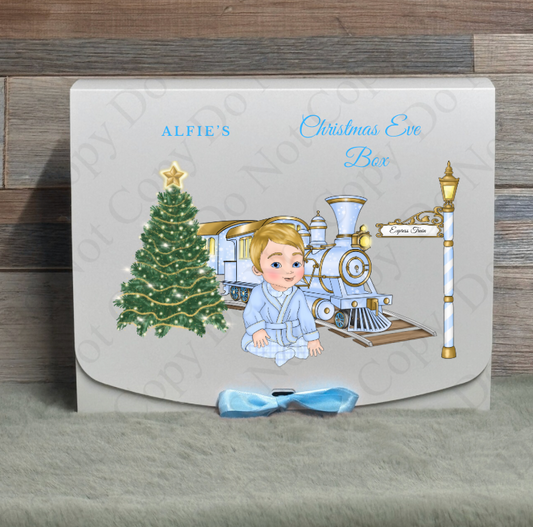 Dolly Gift Box - Baby Boy - Pale Blue Train (Name and Wording Optional)