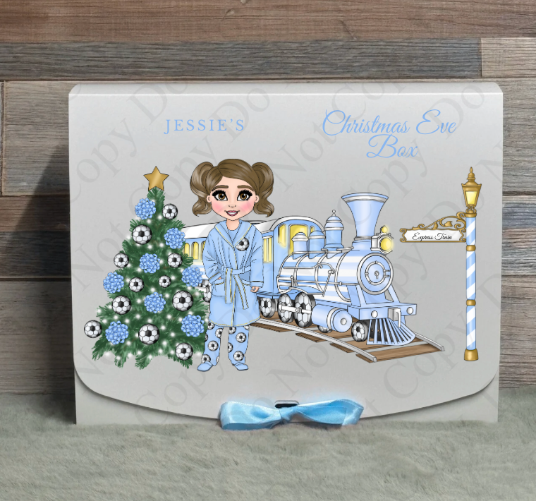 Dolly Gift Box - Girl - Pastel Blue Football Train (With Optional Name and Wording)