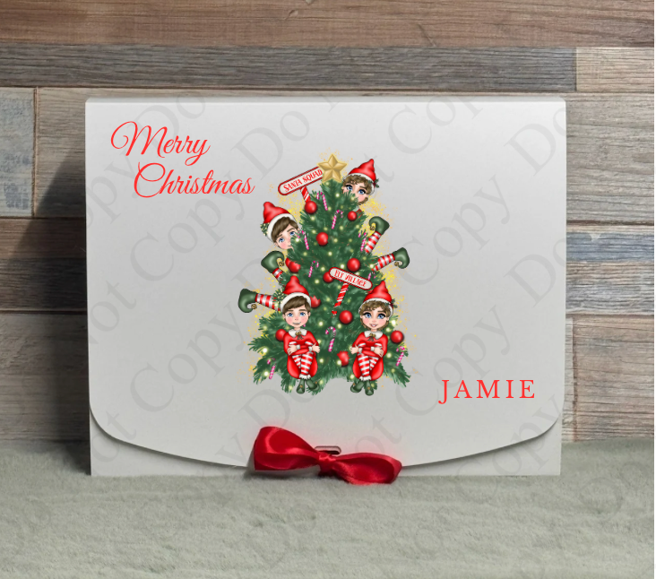 Red Elf with Tree Gift Box - (Name Optional)