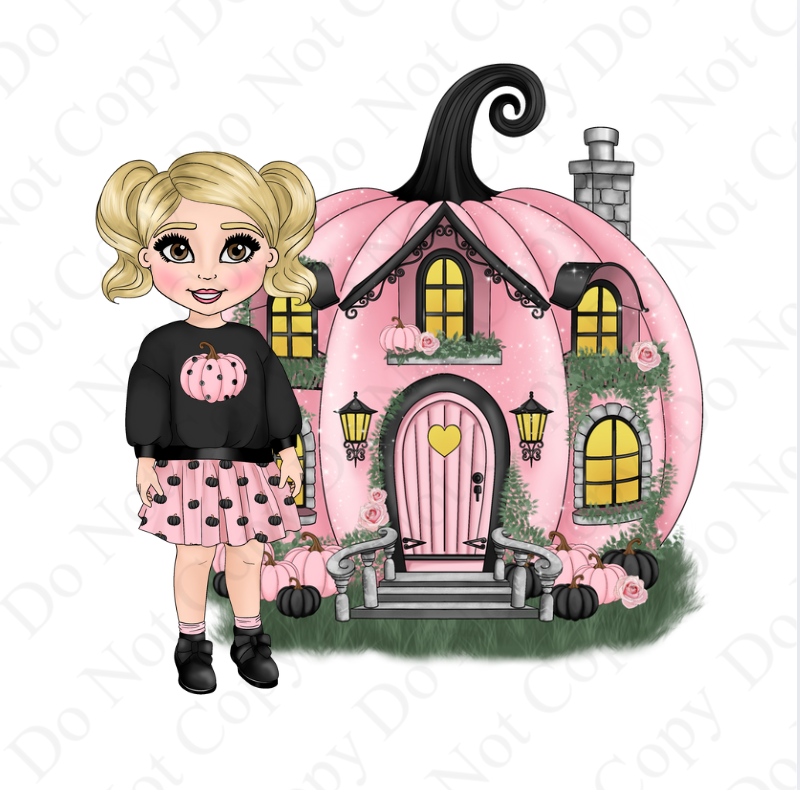 UV Pumpkin Skirt Little Girl Dolly with house