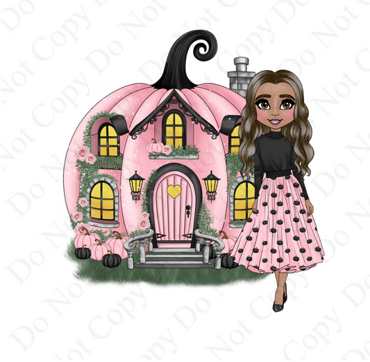 DTF Fabric Pumpkin Skirt Dolly with house