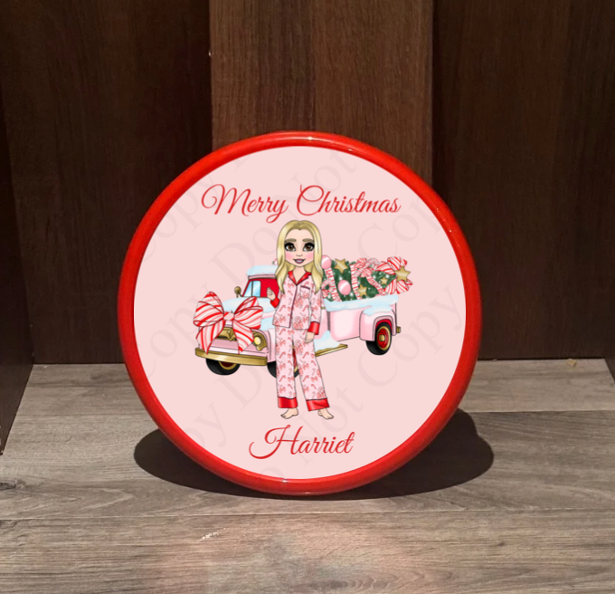 Chocolate Tub Sticker - Candy Cane Bows Dolly (Truck/Tree  background)