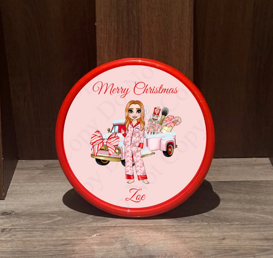 Chocolate Tub Sticker - Candy Cane Bows Dolly (Truck/Makeup background)
