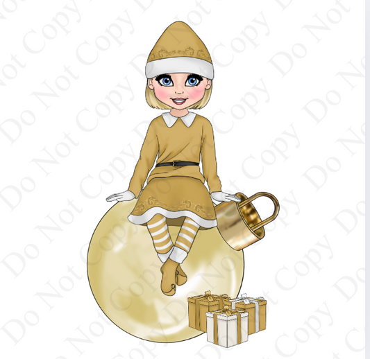 DTF Fabric - Gold Cheeky Elf Sitting Girl Dolly