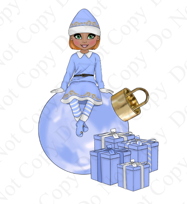 DTF Fabric - Blue Cheeky Elf Sitting Girl Dolly