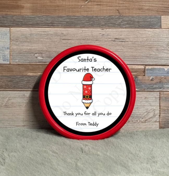 Chocolate Tub Sticker - Santa's Favourite Teacher - Pencil (black ring)
