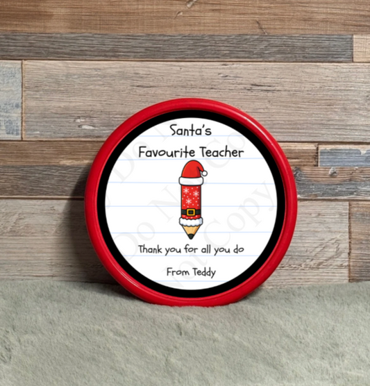 Chocolate Tub Sticker - Santa's Favourite Teacher - Pencil (black ring)