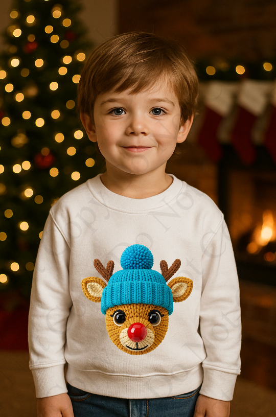 DTF Fabric - Shiny Eyes Reindeer Blue Hat