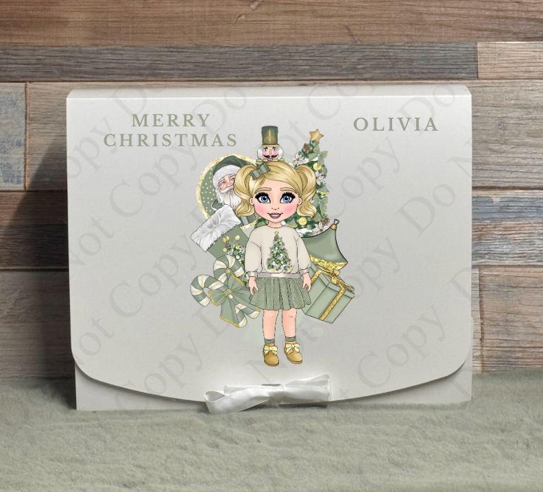 Dolly Gift Box - Sage Cream and Gold Christmas Tree Jumper Toddler Girll (Name with Wording Optional)