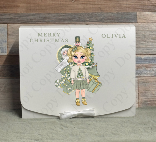 Dolly Gift Box - Sage Cream and Gold Christmas Tree Jumper Toddler Girll (Name with Wording Optional)