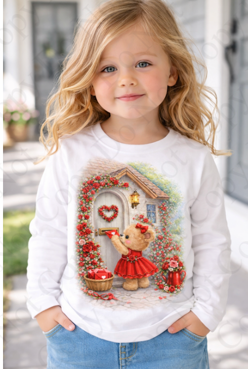 DTF Fabric - RST Valentines Red Girl Bear - Posting Letter