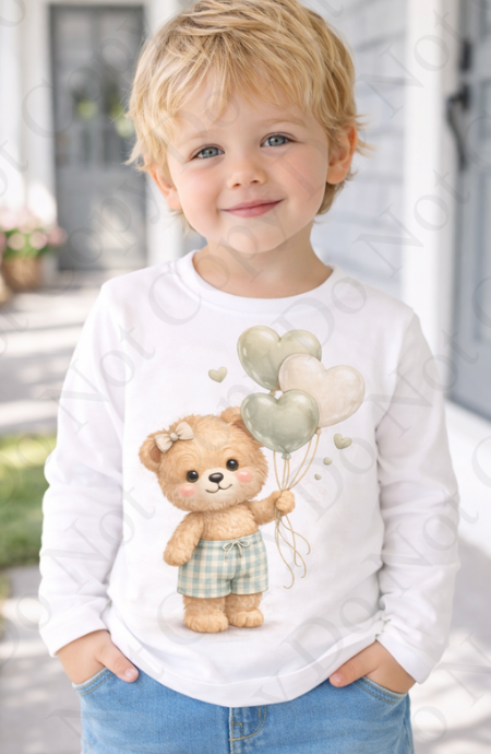 DTF Fabric - RST Valentines Natural Boy Bear - With Balloons