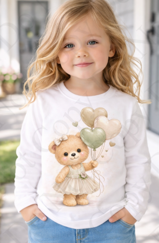 DTF Fabric - RST Valentines Natural Girl Bear - With Balloons