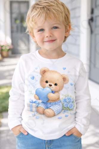 DTF Fabric - RST Valentines Blue Boy Bear - With Heart