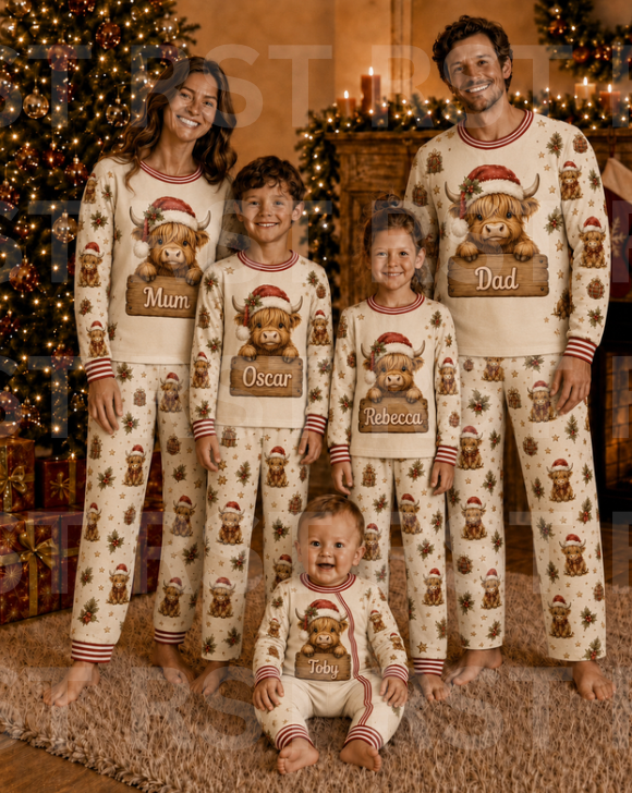 Christmas Highland Cow Family Pyjamas (with Custom Name on chest)  Pre-Order due end October