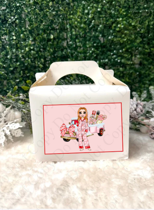 Treat Box Sticker - Candy Cane Bows Dolly (Truck/Makeup background)