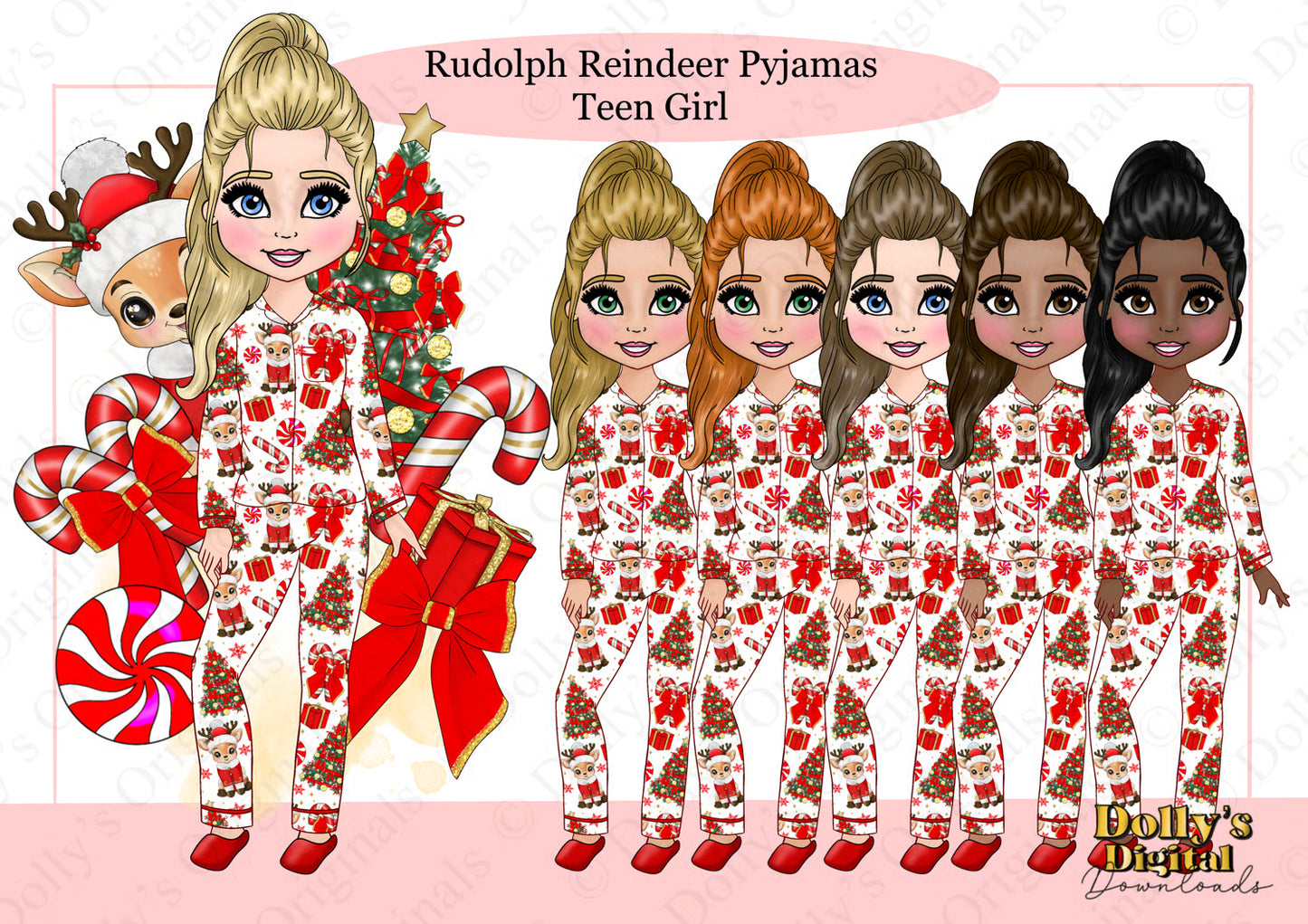 DTF Fabric - Rudolph Reindeer Pyjamas Teen Girl Dolly